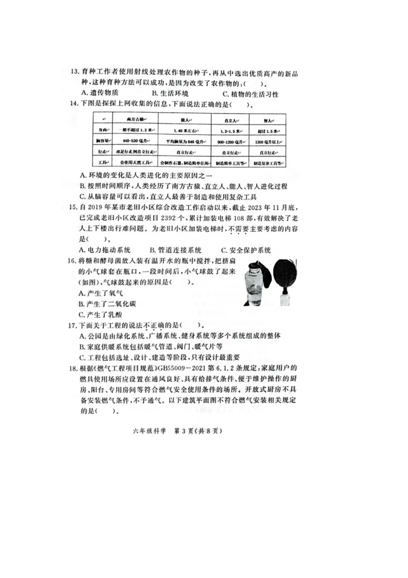 河南省郑州市高新区2023-2024学年六年级上学期期末科学试题03