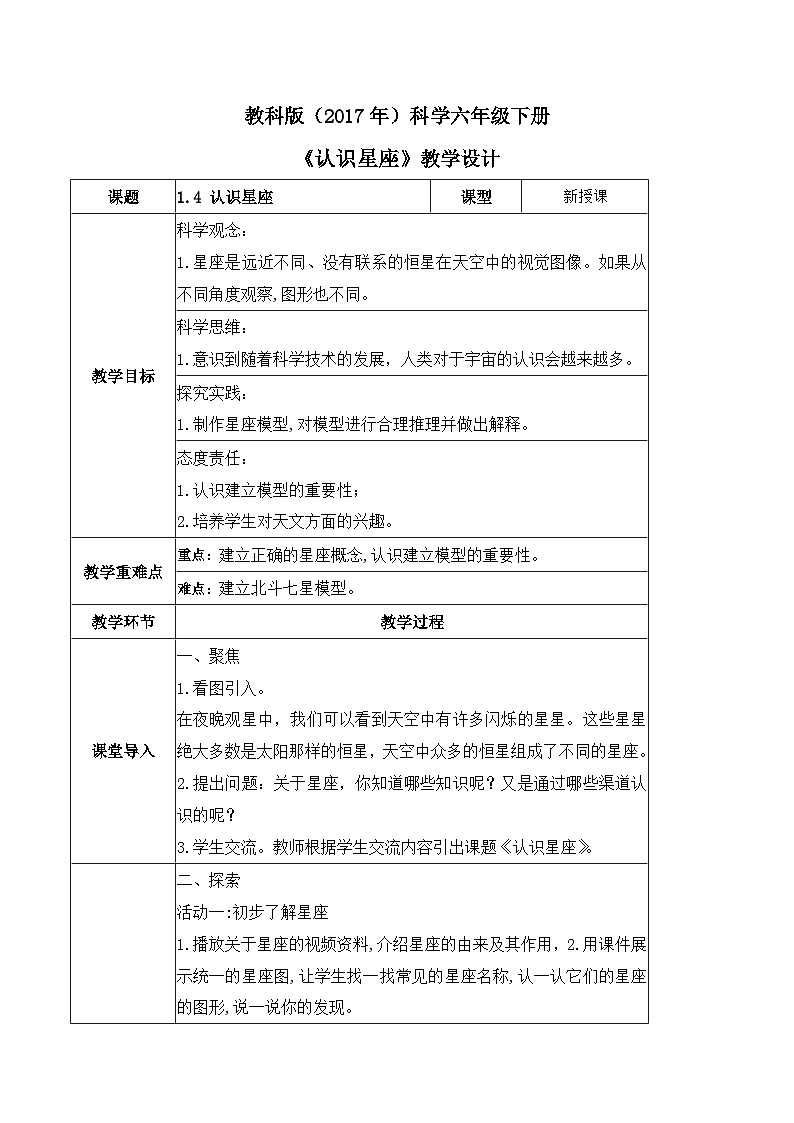第4课 认识星座（教学设计）-2023-2024学年六年级科学下册同步精品课堂系列（教科版）第1页