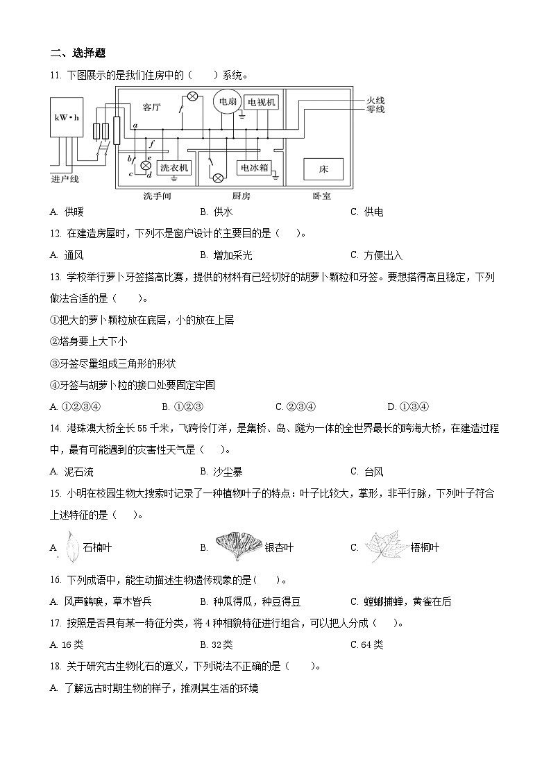 浙江省金华市婺城区教科版六年级2022-2023学年下册期末检测科学试卷02