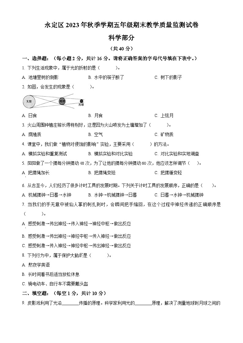 2023-2024学年湖南省张家界市永定区教科版五年级上册期末考试科学试卷（原卷版+解析版）01