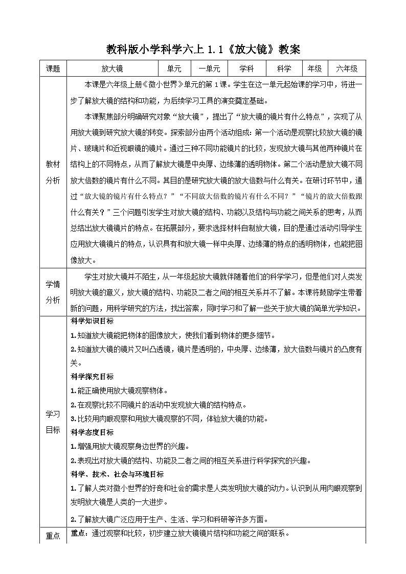 教科版（2017秋）科学六年级上册-1.1 放大镜教案01