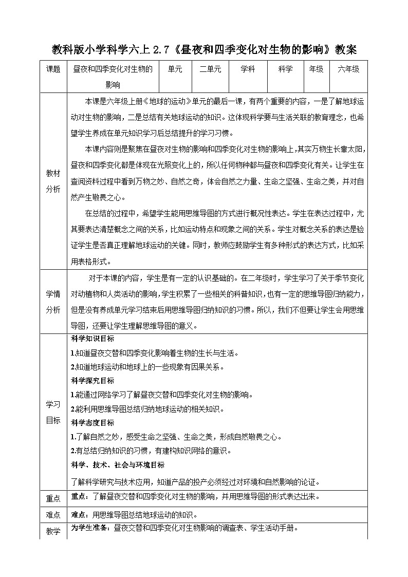 教科版（2017秋）科学六年级上册-2.7 昼夜和四季变化对生物的影响教案第1页