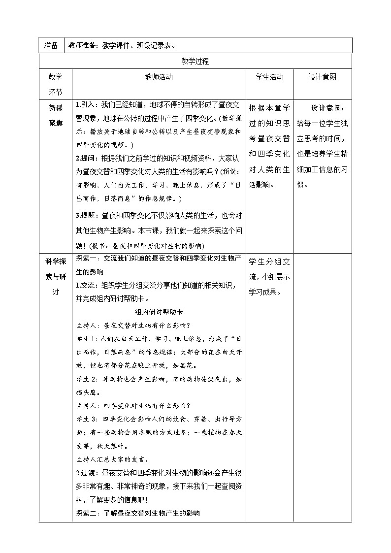 教科版（2017秋）科学六年级上册-2.7 昼夜和四季变化对生物的影响教案第2页