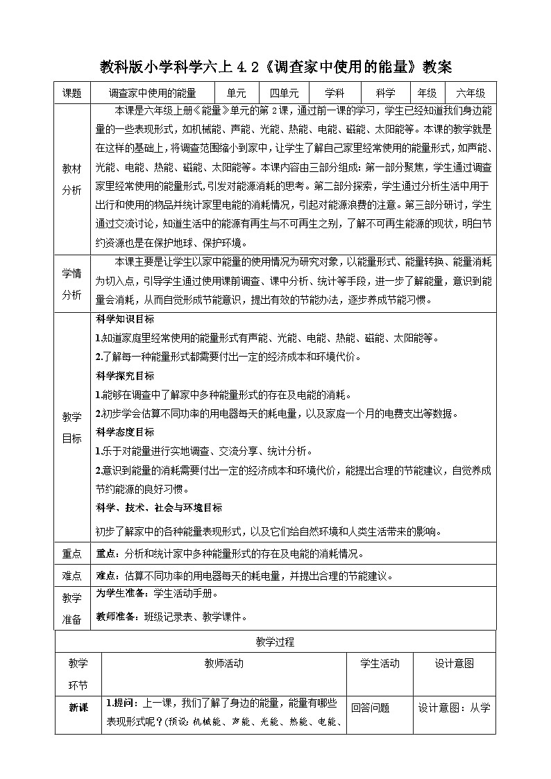 教科版（2017秋）科学六年级上册-4.2 调查家中使用的能量教案01