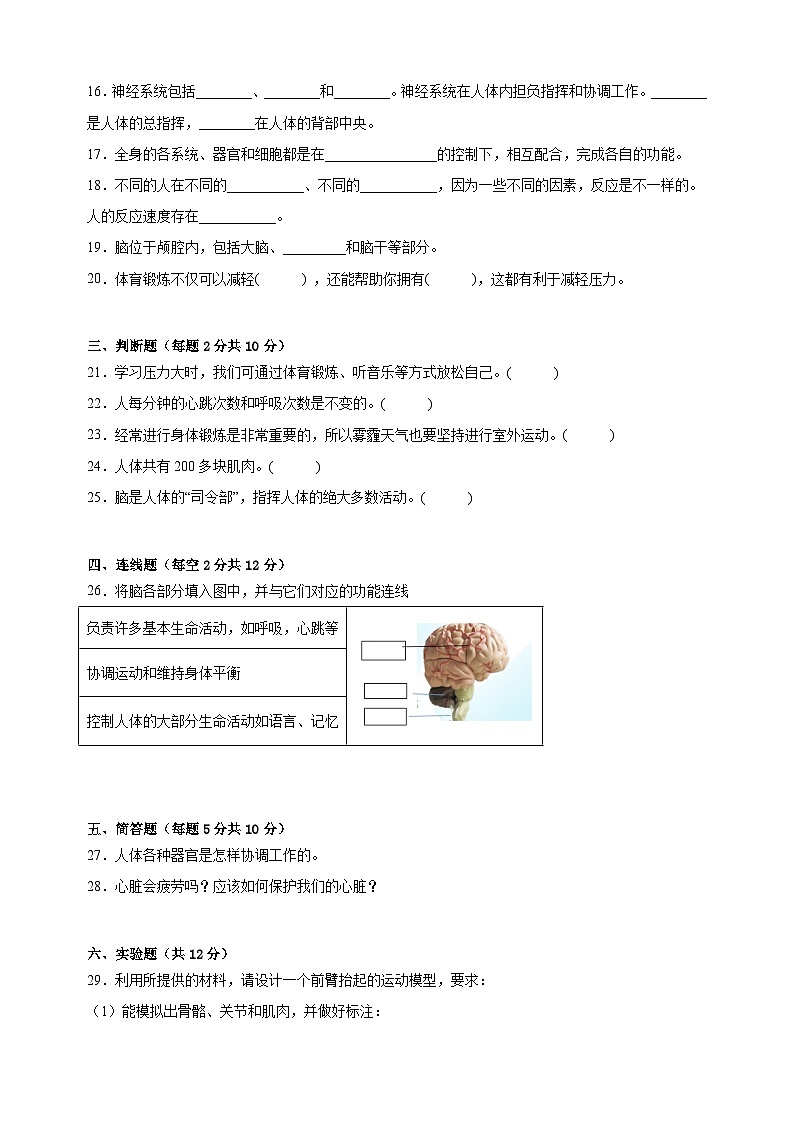 教科版五年级上册科学第4单元《健康生活》单元测试卷（含答案）03