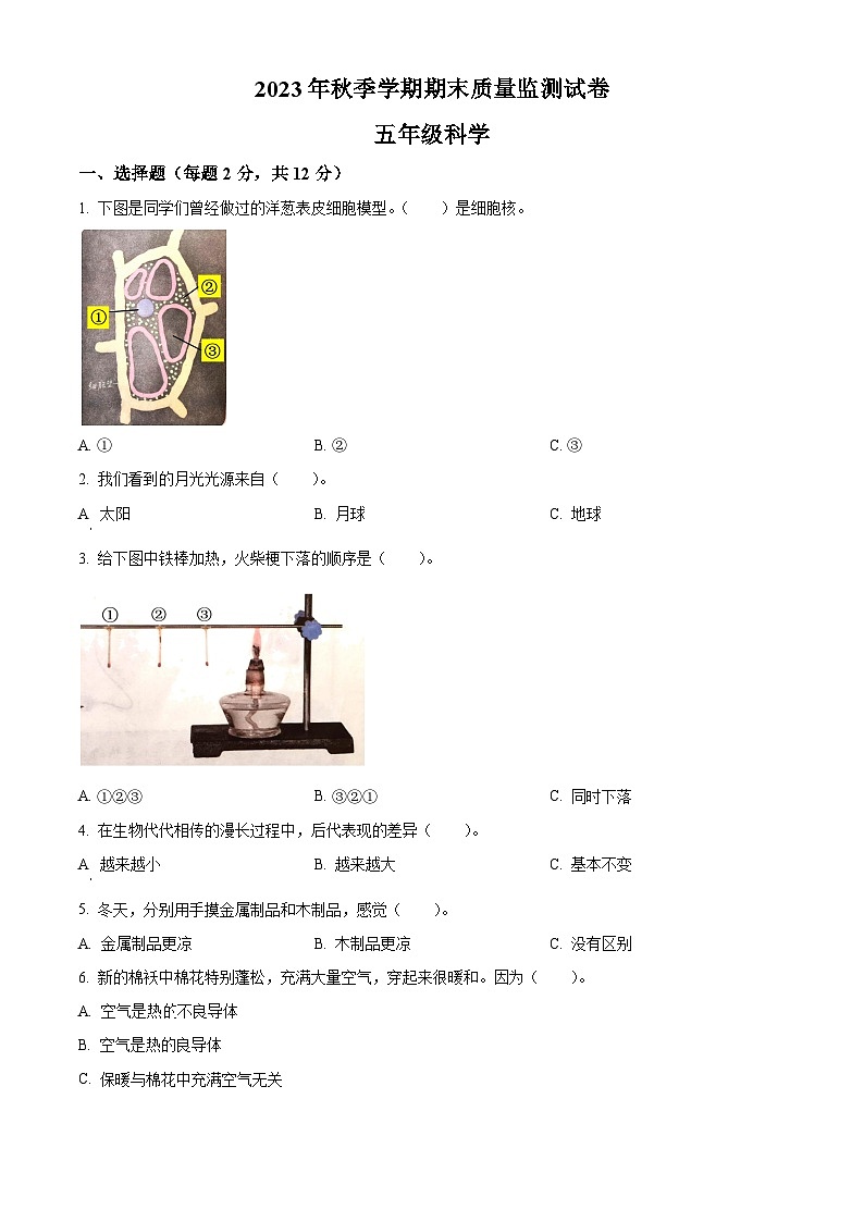 2023-2024学年湖北省鄂州市鄂城区人教版五年级上册期末考试科学试卷（原卷版+解析版）01