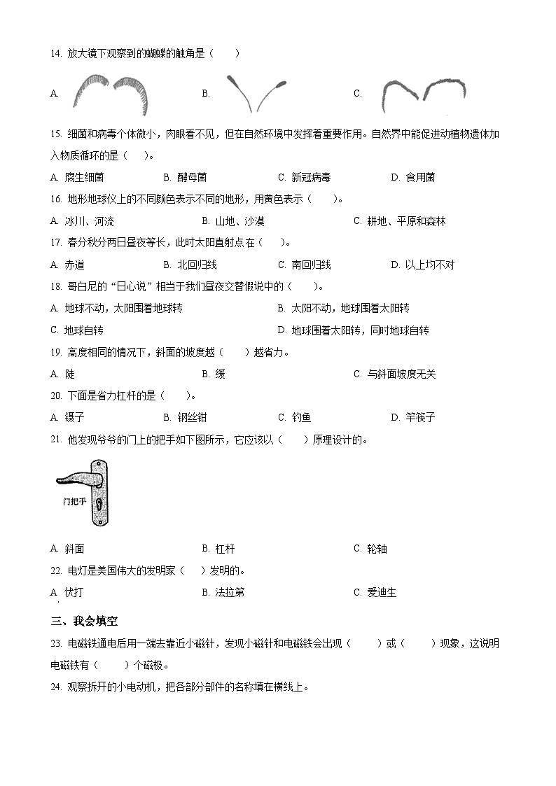 2023-2024学年湖南省麻阳县教科版六年级上册期末考试科学试卷（原卷版+解析版）02