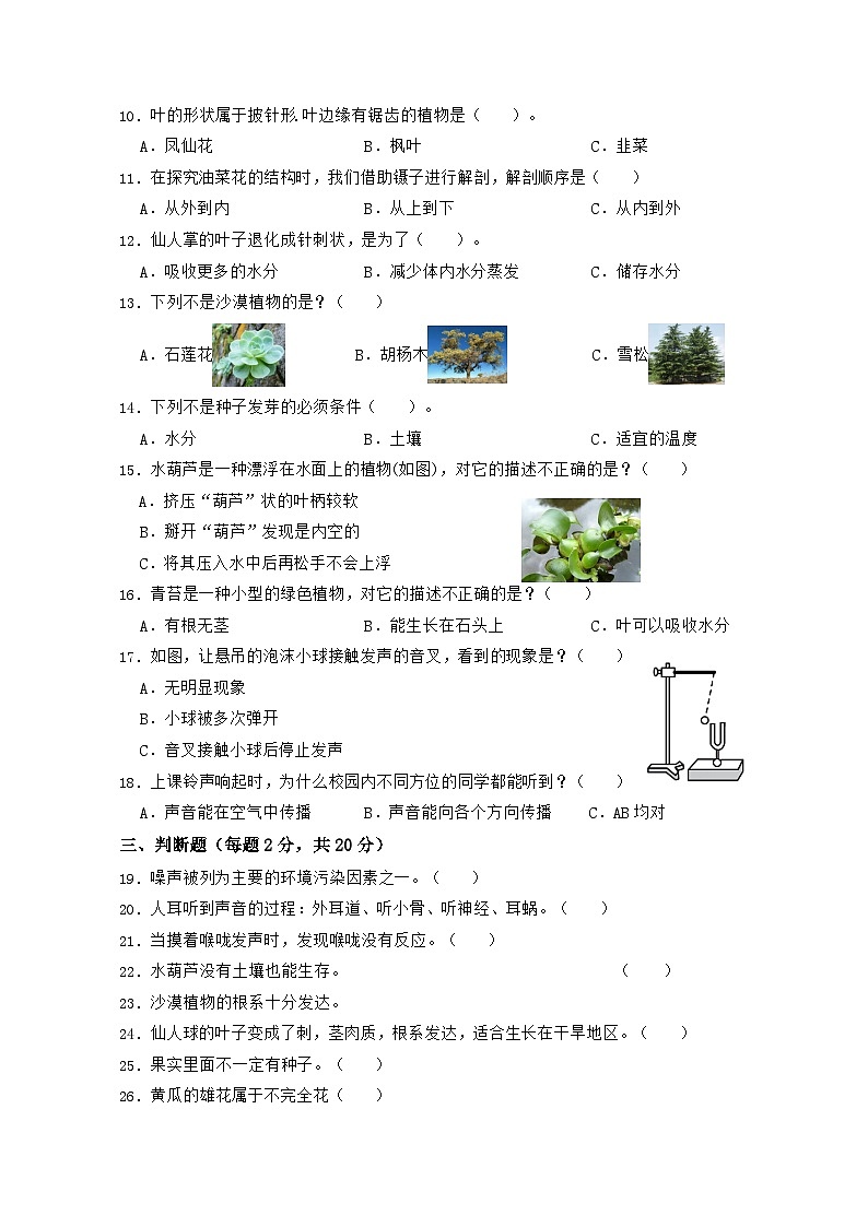 苏教版科学（基础卷02）-2023-2024学年三年级下册期中测试卷02