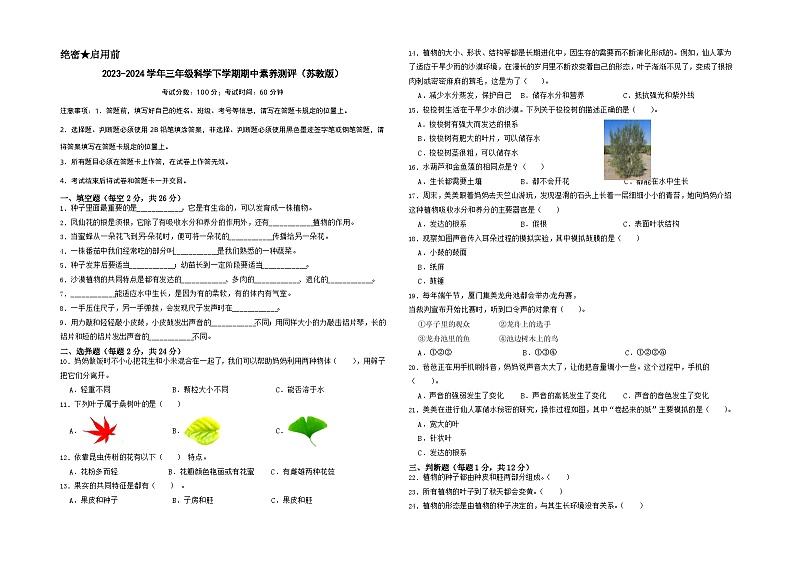 苏教版科学（提高卷01）-2023-2024学年三年级下册期中测试卷01