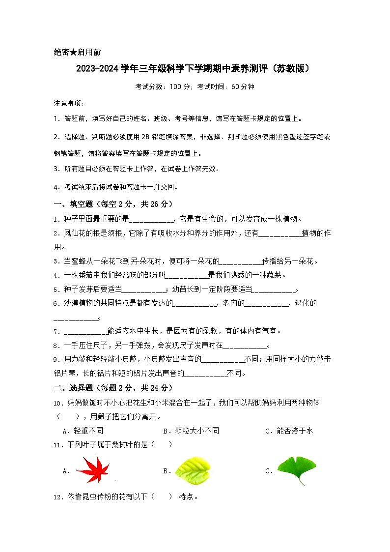 苏教版科学（提高卷01）-2023-2024学年三年级下册期中测试卷01