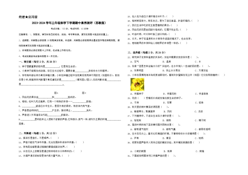 苏教版科学（提高卷02）-2023-2024学年三年级下册期中测试卷01