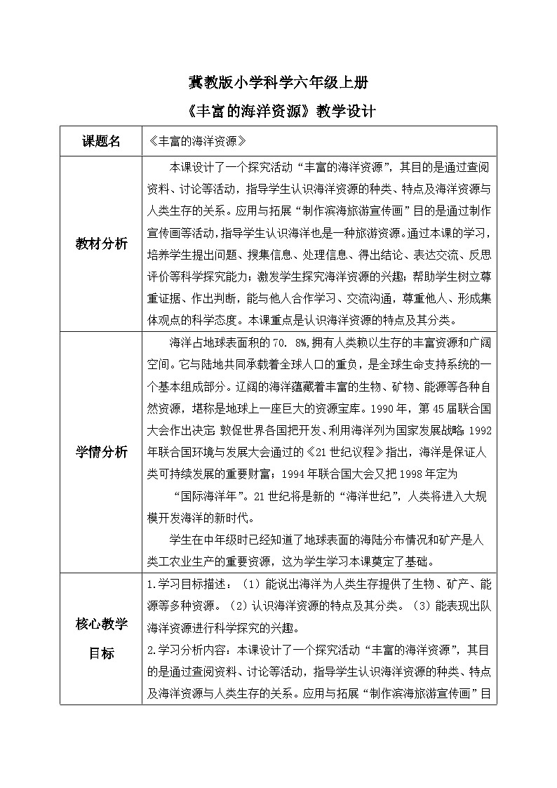 【核心素养】冀教版小学科学六年级上册     19.丰富的海洋资源   课件ppt+ 教案01