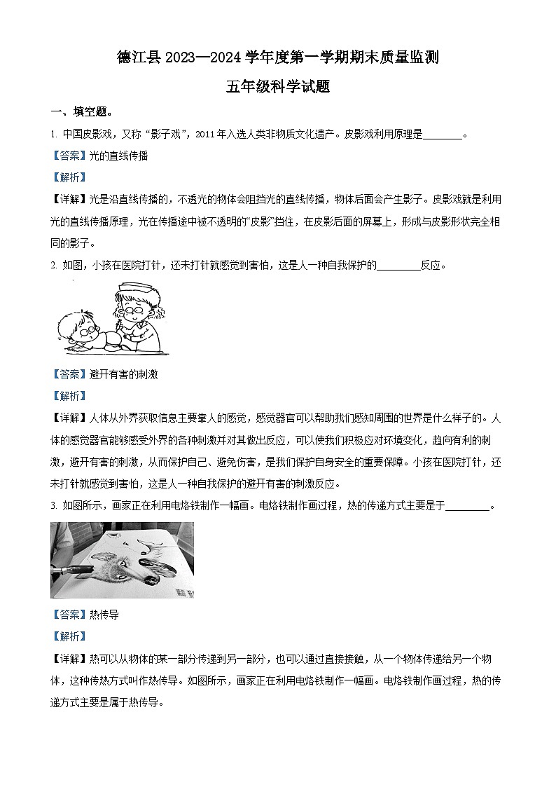 2023-2024学年贵州省铜仁市德江县苏教版五年级上册期末考试科学试卷（原卷版+解析版）01