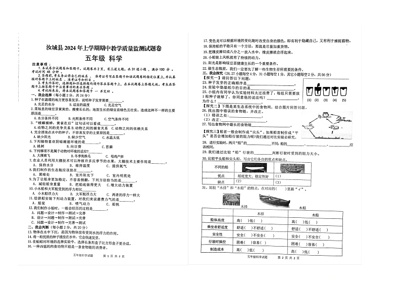 湖南省郴州市汝城县2023-2024学年五年级下学期4月期中科学试题第1页