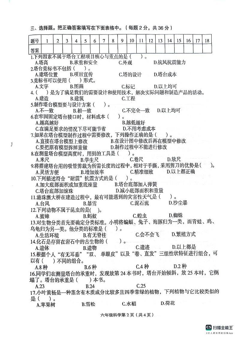 江苏省徐州市沛县2023-2024学年六年级下学期4月期中科学试题第2页