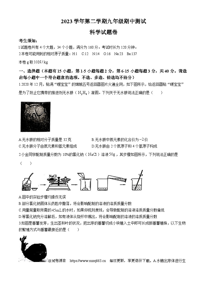 2024年浙江省台州市玉环市联考模拟预测科学试题(无答案)01