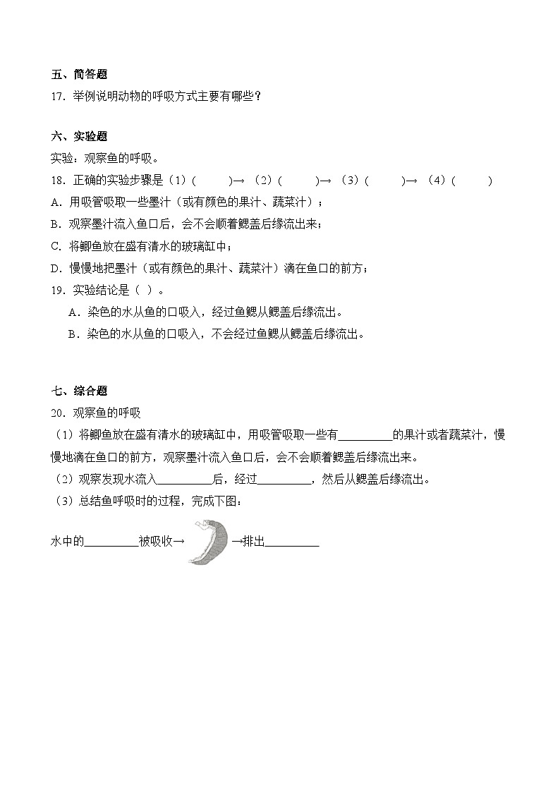 第8课+动物需要空气（同步阶段练习）-2023-2024学年科学四年级下册（粤教粤科版）第3页