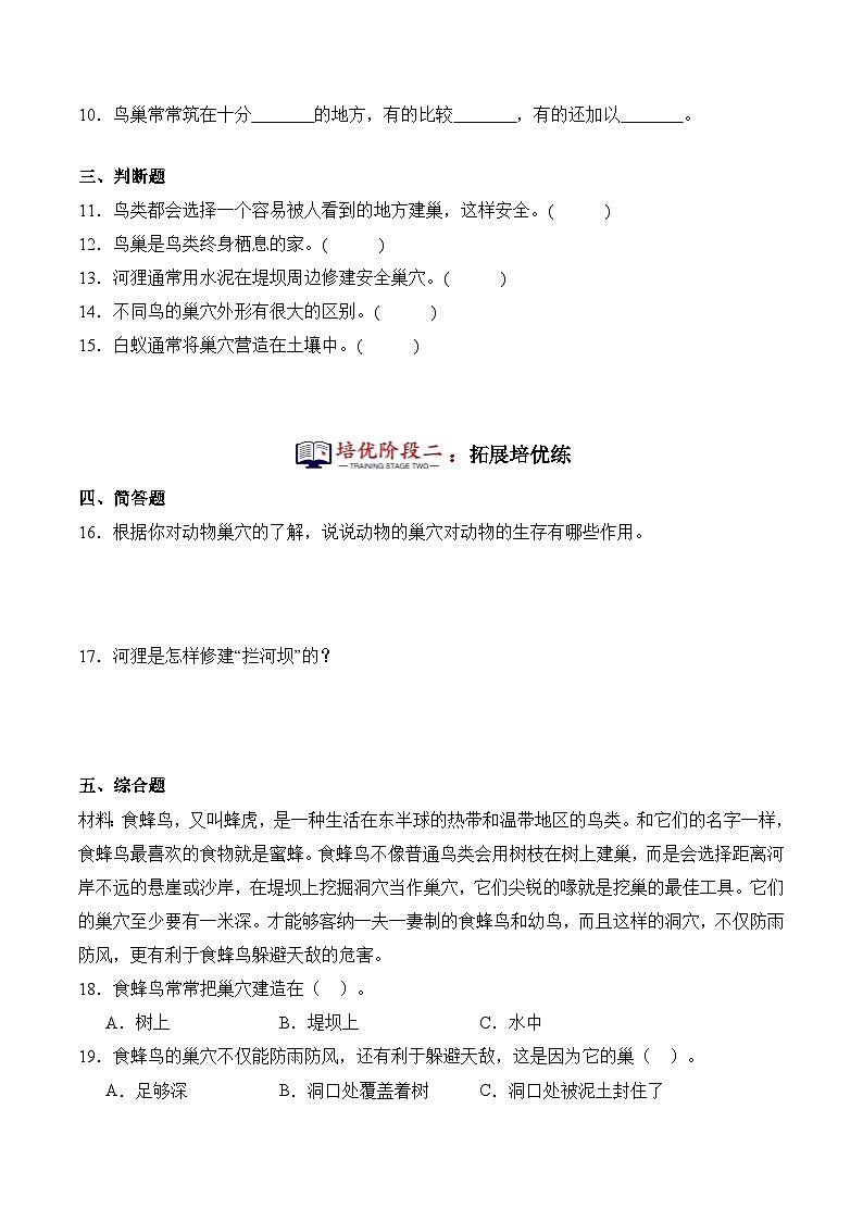 第12课+动物的巢穴（同步阶段练习）-2023-2024学年科学四年级下册（粤教粤科版）02