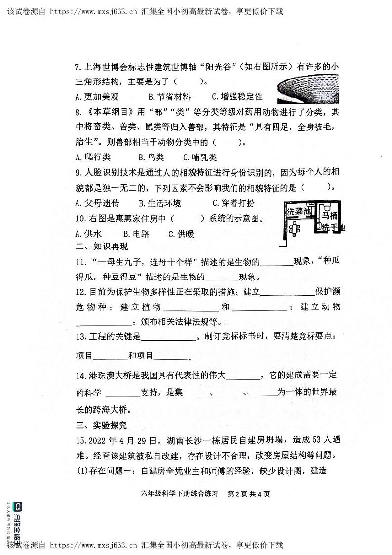 山东省滨州市惠民县2023-2024学年六年级下学期期中质量检测科学试题02