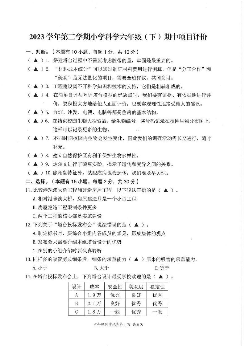 浙江省温州市鹿城区2023-2024学年六年级下学期期中科学试题01