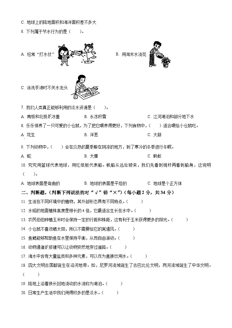 2023-2024学年河南省罗山县竹竿镇大象版四年级下册期中考试科学试卷（原卷版+解析版）02