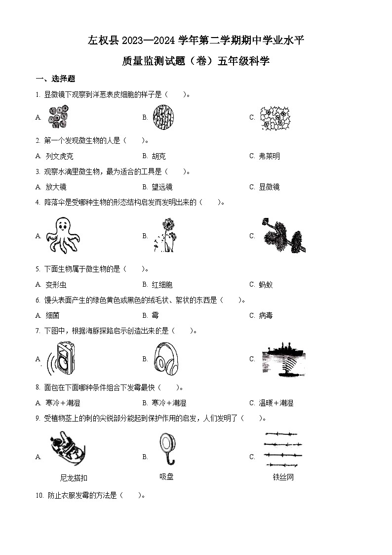 2023-2024学年山西省晋中市左权县苏教版五年级下册期中考试科学试卷（原卷版）第1页