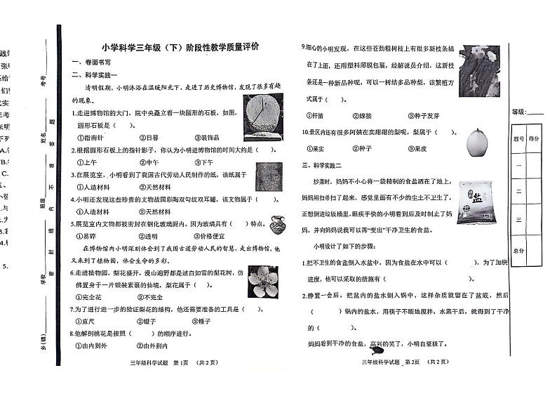 13，山东省聊城市冠县2023-2024学年三年级下学期期中考试科学试题第1页