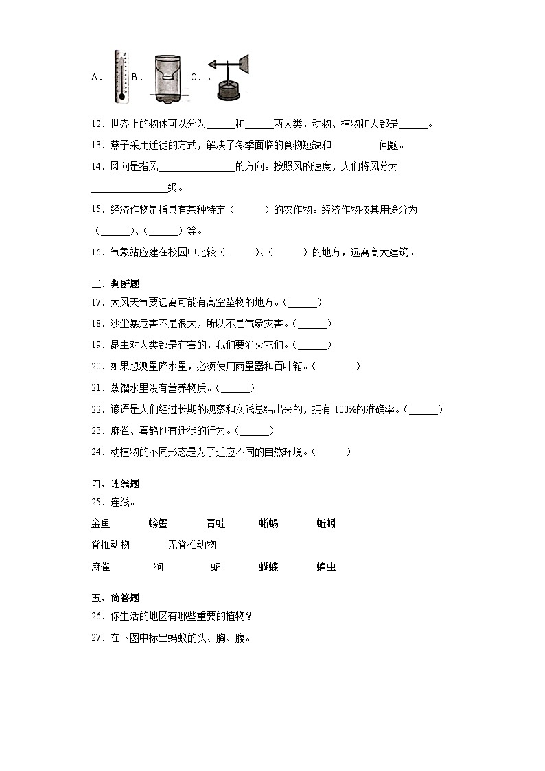 期末复习试卷（试题）-2021-2022学年科学三年级下册第2页