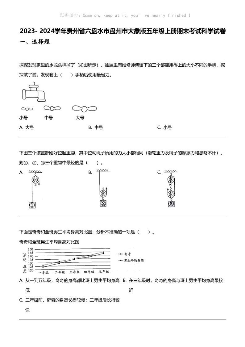 2023- 2024学年贵州省六盘水市盘州市大象版五年级上册期末考试科学试卷01