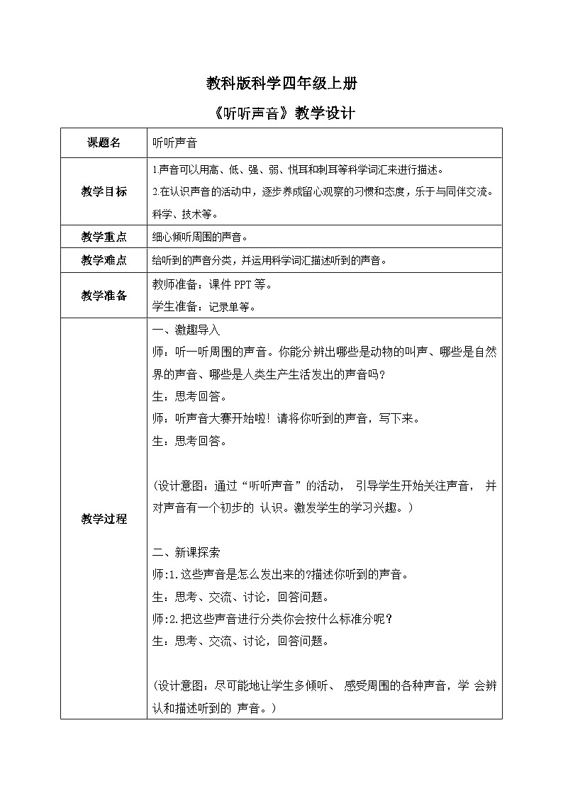 2024-2025教科版小学科学四年级上册 1.《听听声音》教学设计01