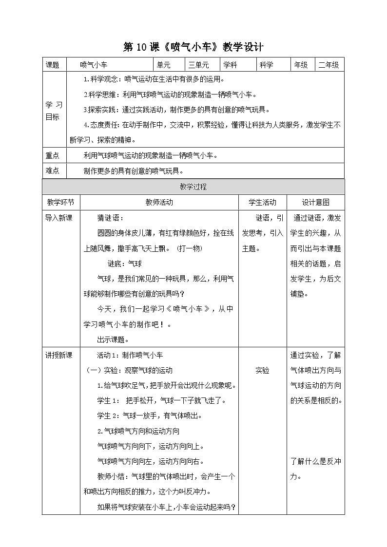 粤科版科学二年级下册  新课标核心素养 3.10《喷气小车》 课件+素材+教案+分层练习（含答案）01