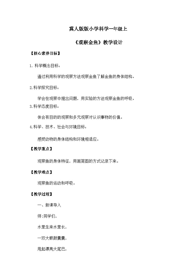 【核心素养】冀人版小学科学一年级 上册 9.观察金鱼 课件+教案（含教学反思）01
