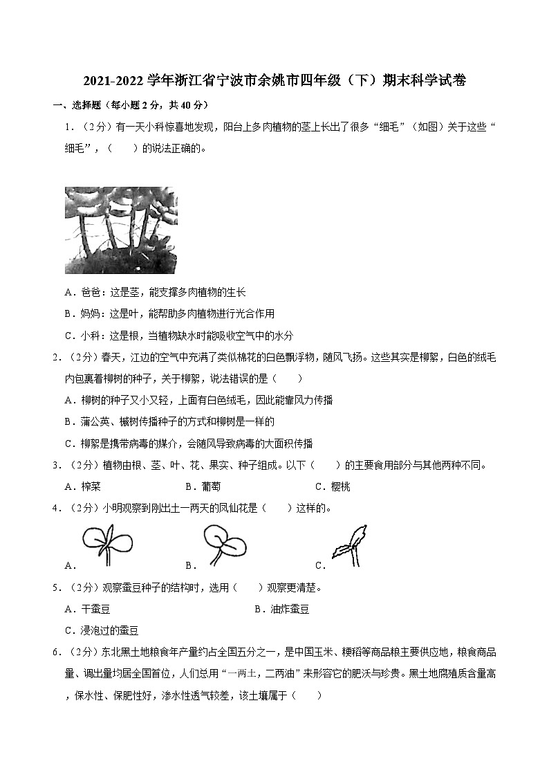 2021-2022学年浙江省宁波市余姚市四年级（下）期末科学试卷01