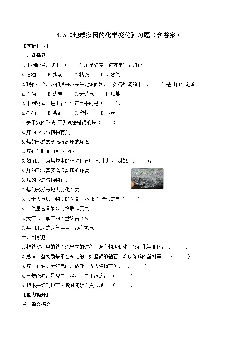 第5课 地球家园的化学变化（分层练习）-2023-2024学年六年级科学下册同步精品课堂系列（教科版）第1页