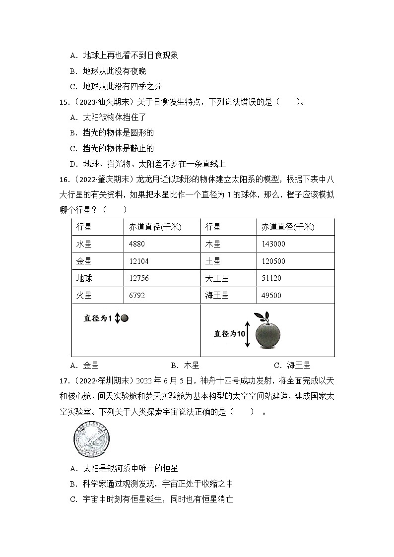 第三单元宇宙-2023-2024学年六年级科学下册期末真题专练（广东专版）02