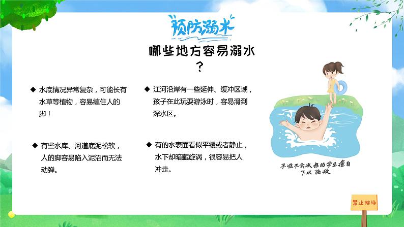 水彩简约卡通中小学生防溺水安全教育宣传PPT模板06