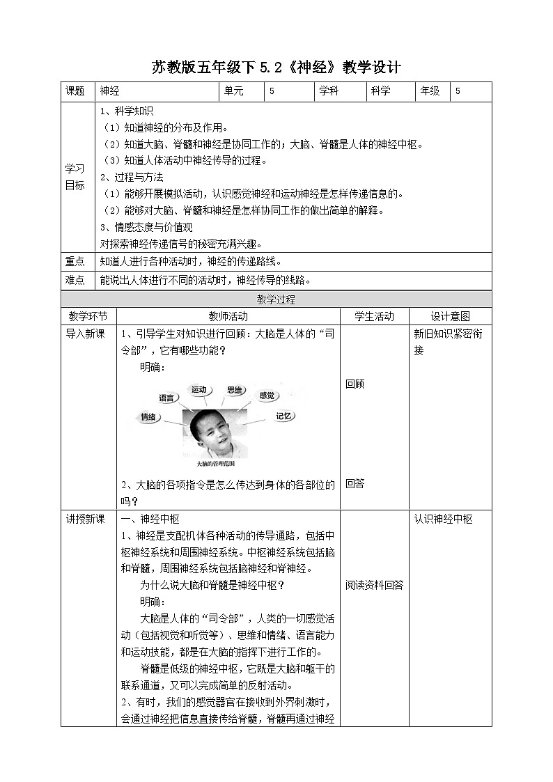 苏教版科学五年级下册    5.2《神经》教案第1页
