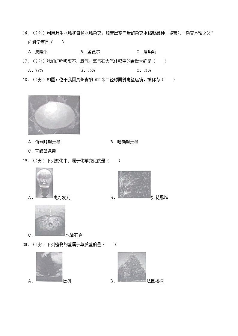 2024年四川省自贡市高新区小升初科学试卷02