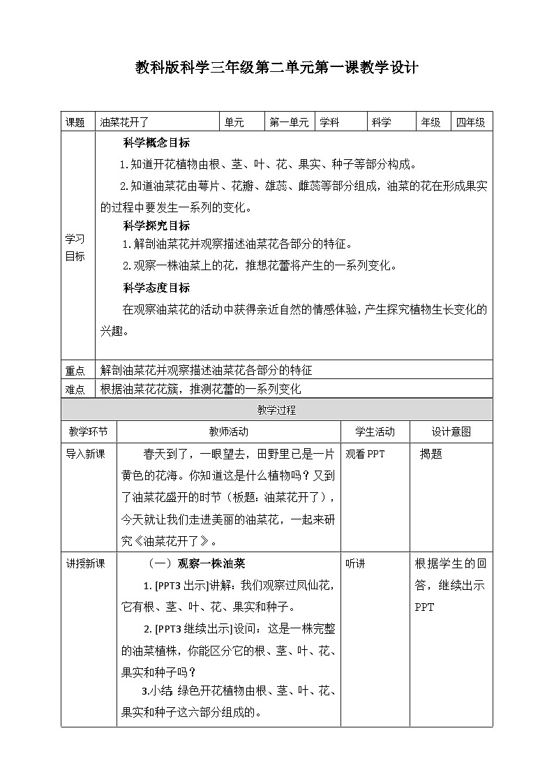 科教版科学四年级下册 2.1《油菜花开了》教案第1页
