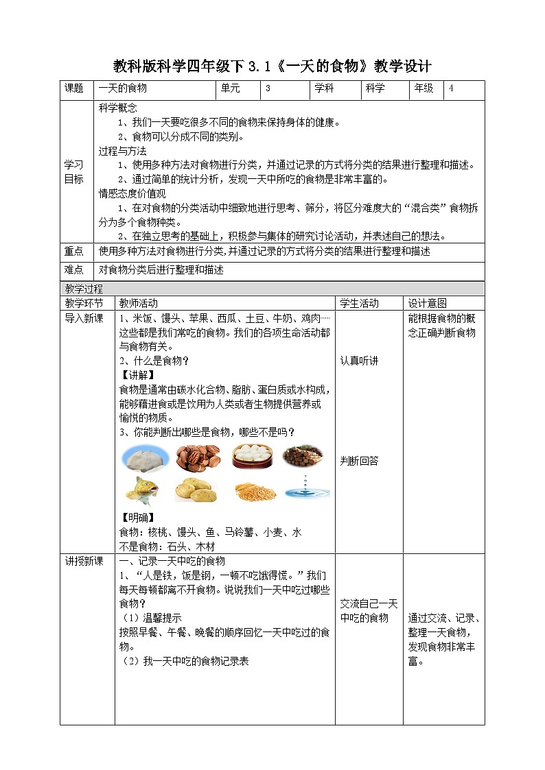 教科版科学四年级下册3.1《一天的食物》课件+教案+练习+素材01