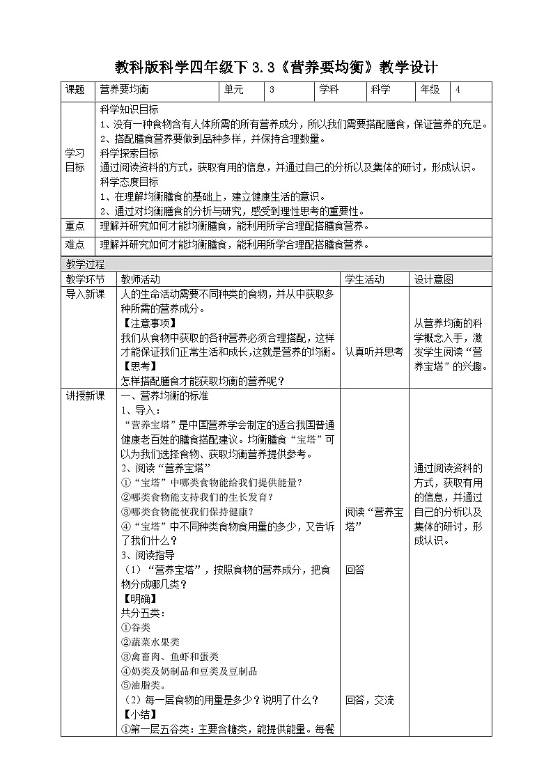 教科版科学四年级下册 3.3《营养要均衡》课件+教案+练习+素材01