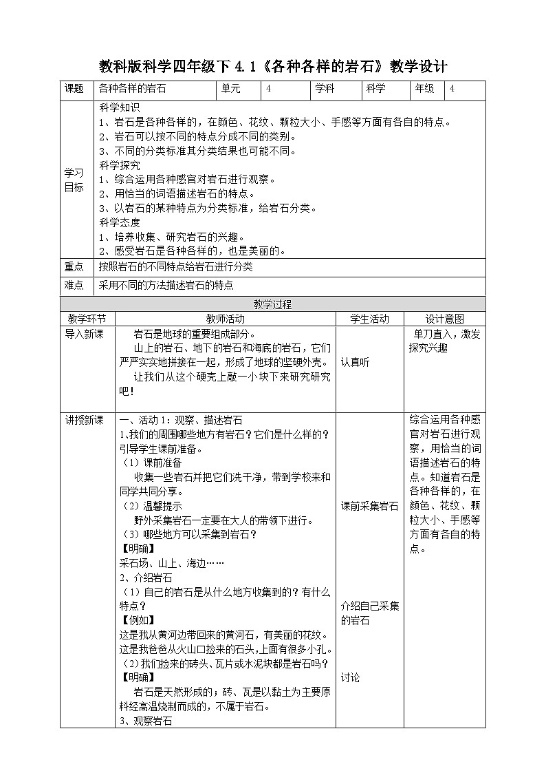 教科版科学四年级下册 4.1《各种各样的岩石》课件+教案+练习+素材01