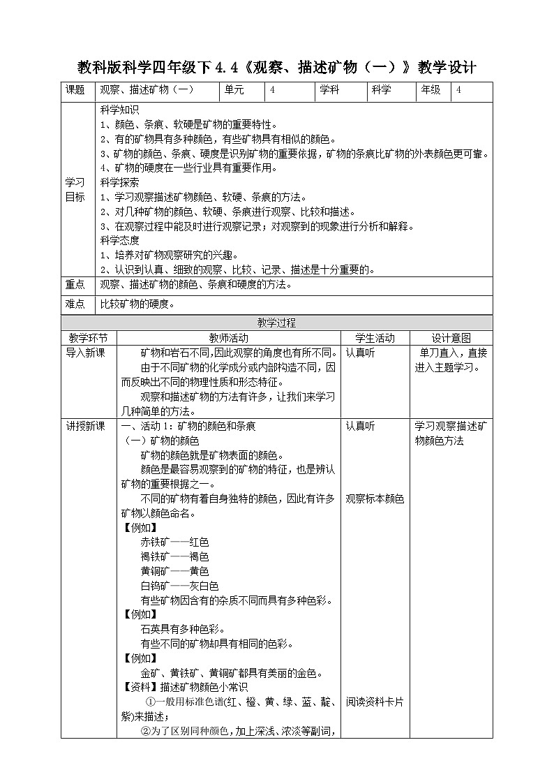 教科版科学四年级下册 4.4《观察、描述矿物（一）》课件+教案+练习+素材01