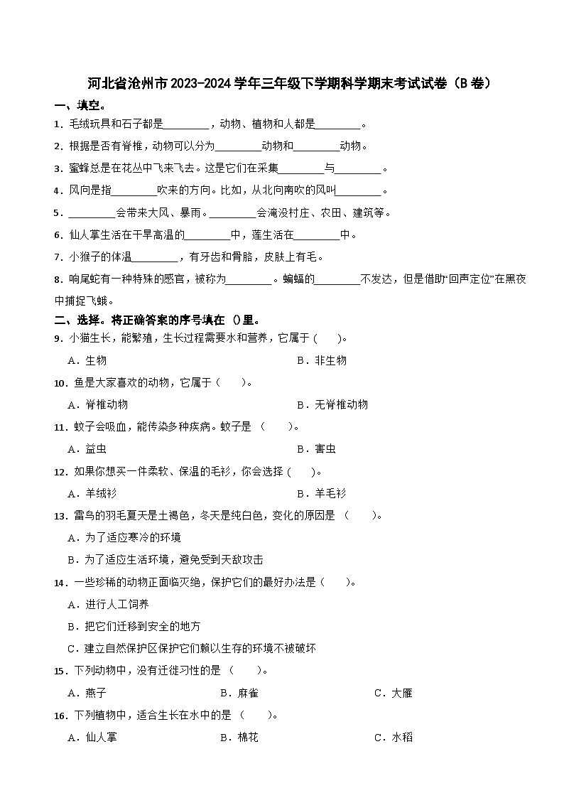 河北省沧州市2023-2024学年三年级下学期科学期末考试试卷（B卷）01