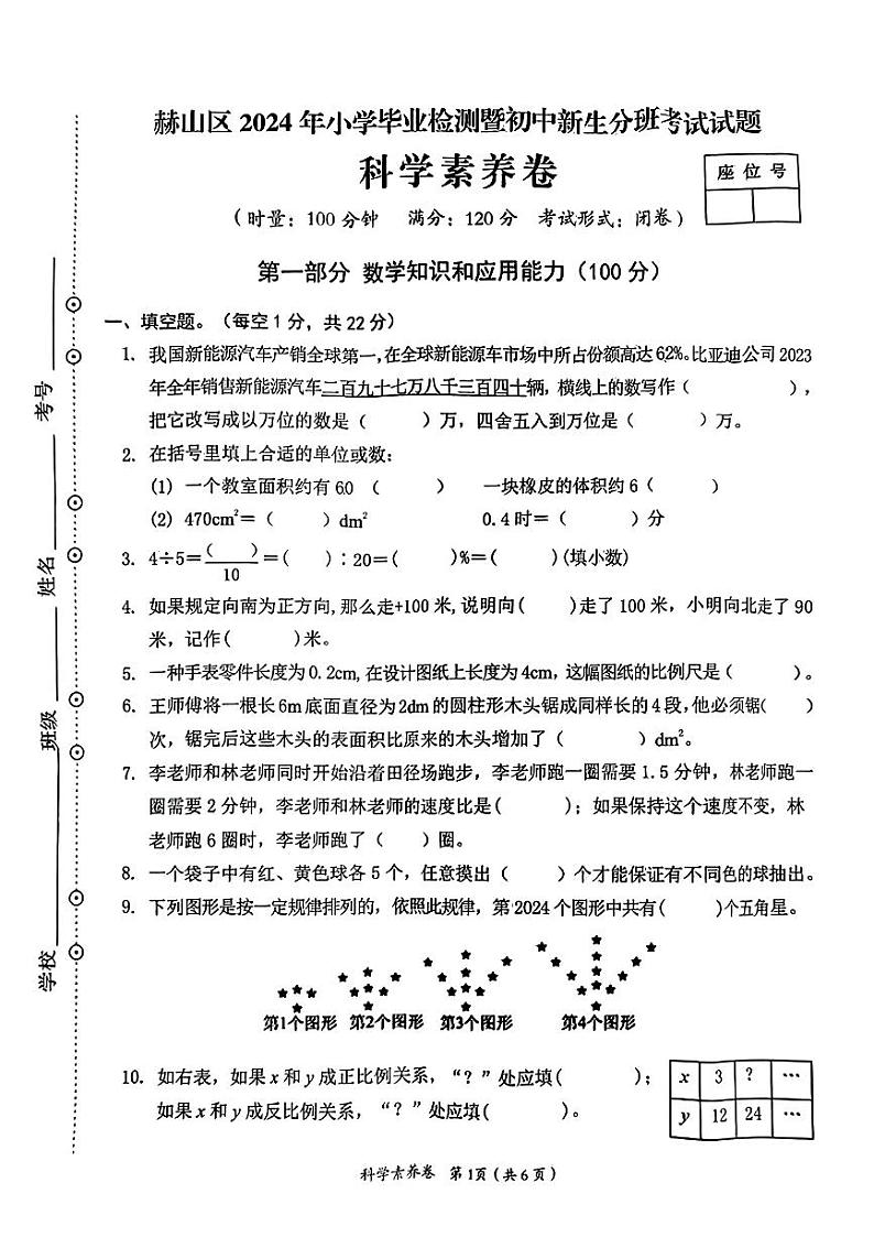 湖南省益阳市赫山区2023-2024学年六年级下学期期末升学考试科学素养试卷01