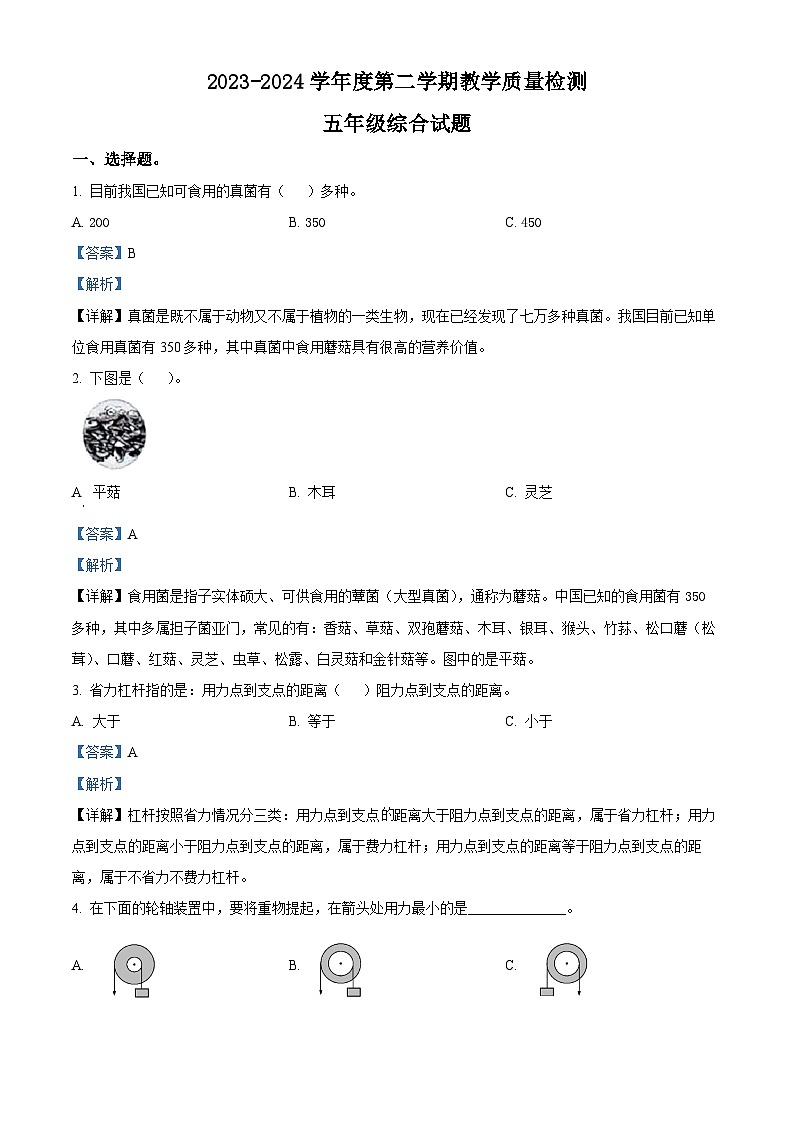 河北省邢台市威县第四小学2023-2024学年冀教版五年级下册期末考试科学试卷（解析版）第1页
