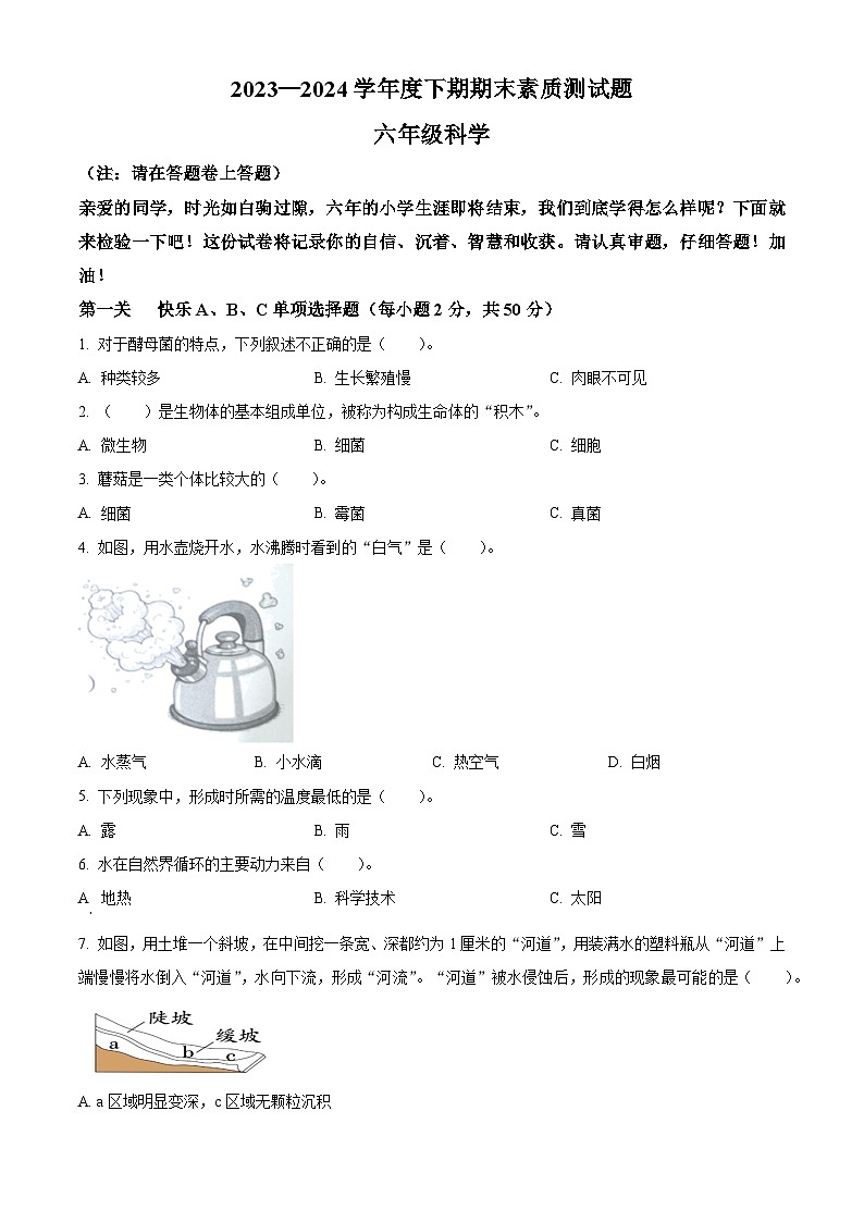 河南省驻马店市汝南县2023-2024学年大象版六年级下册期末考试科学试卷（原卷版）第1页