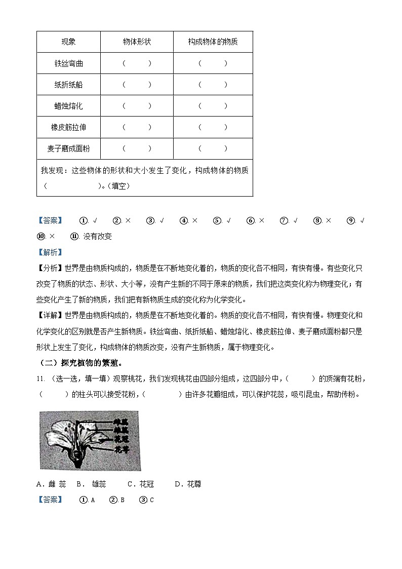山东省临沂市兰陵县2023-2024学年青岛版三年级下册期末考试科学试卷（原卷版+解析版）03