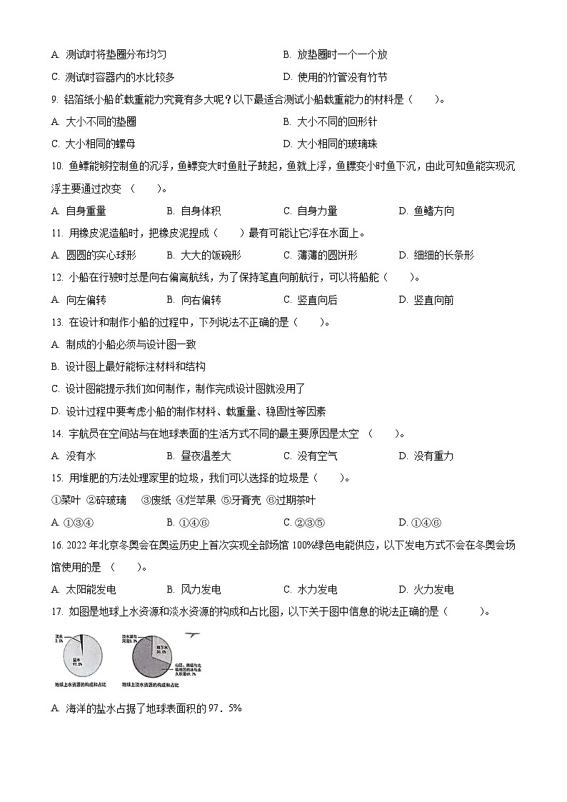 浙江省杭州市临平区2023-2024学年教科版五年级下册期末考试科学试卷（原卷版+解析版）02