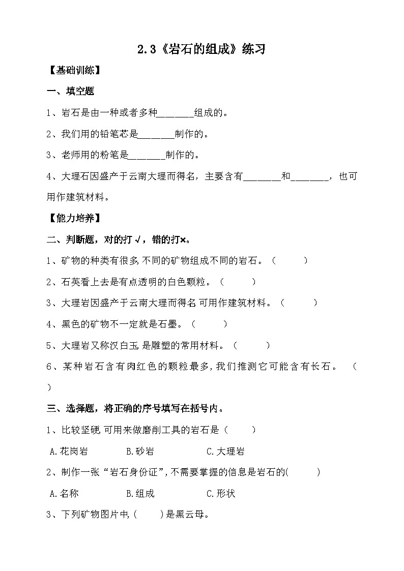 大象版2.3《岩石的组成》练习（含答案）01